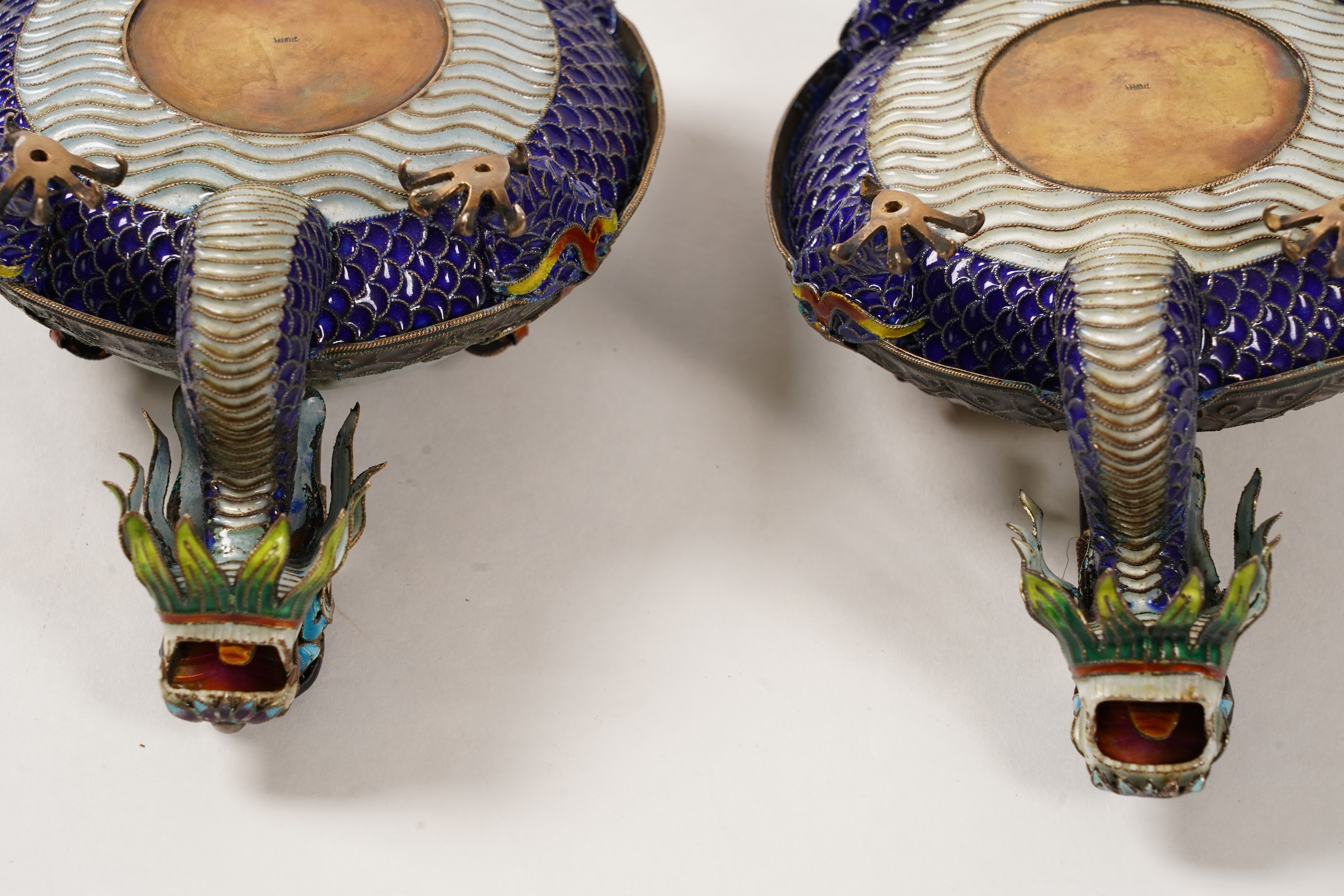 A pair of Chinese silver-gilt and enamel ’dragon’ bowls, 20th century